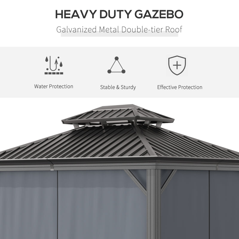 Outsunny 3.7 x 3(m) Outdoor Hardtop Gazebo Canopy Aluminum Frame with 2-Tier Roof & Mesh Netting Sidewalls for Patio, Grey