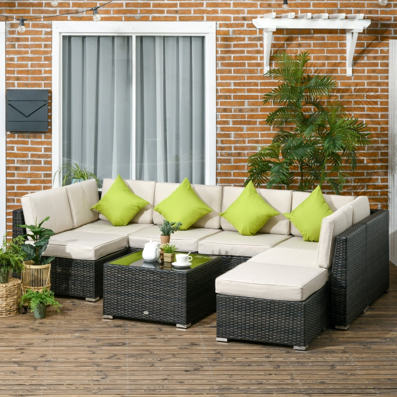 Outsunny 7-Seater PE Rattan Sofa Set Garden Wicker Furniture Set w/ Corner Sofa Set, Cushion, Cushion Cover and Tempered Glass Table, Brown