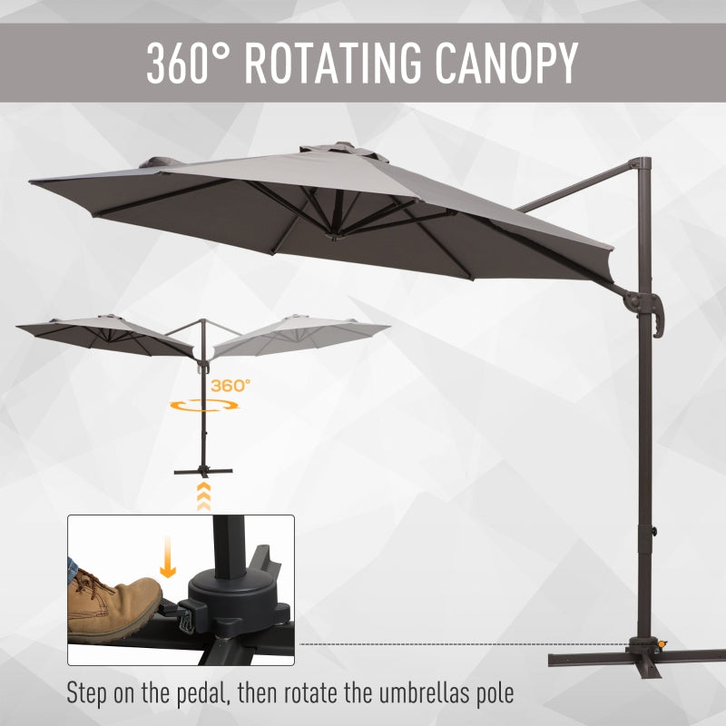 Outsunny 3M Roma Umbrella Sun Shade Cantilever Hanging Parasol w/ Cross Base Hand Crank Aluminium Frame 360°Rotation - Grey