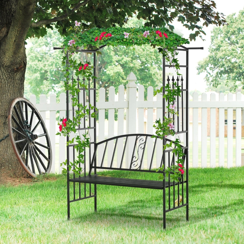 Outsunny Garden Metal Arch Arbour with Bench Love Seat Chair Outdoor Patio Rose Trellis Pergola Climbing Plant Archway Tubular- 154L x 60W x 205Hcm