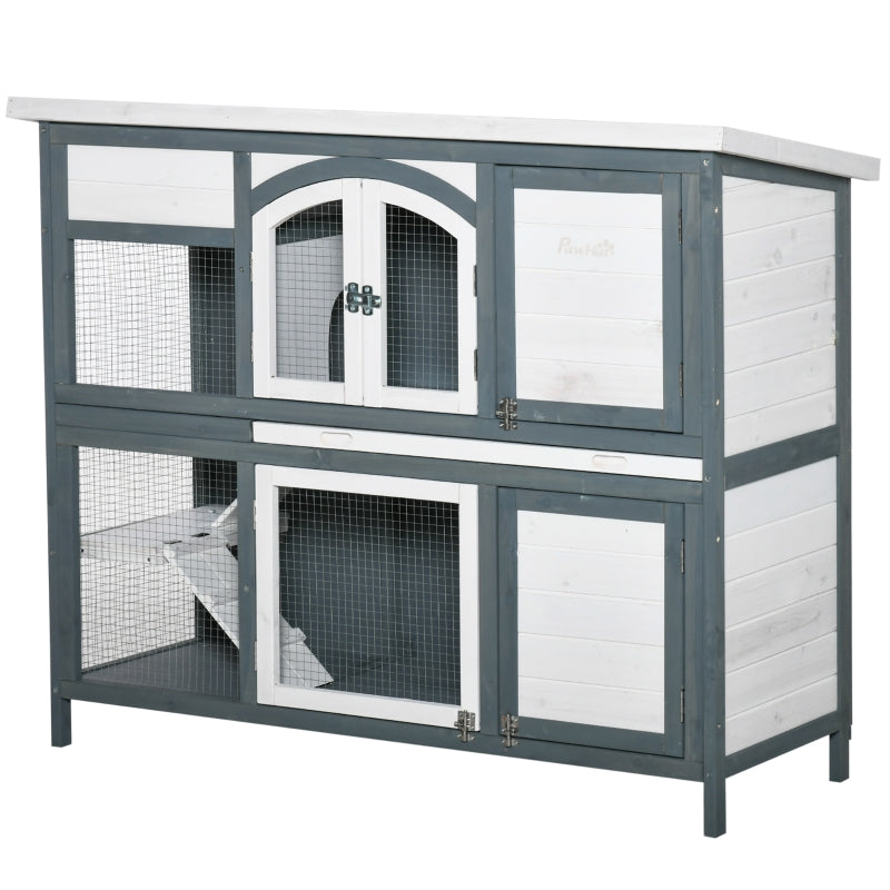 PawHut Two-Tier Wooden Rabbit Hutch Guinea Pig Cage w/ Openable Roof, Slide-Out Tray, Ramp - Grey