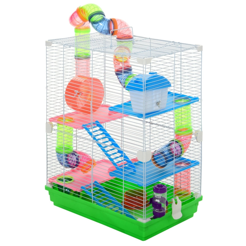 Pawhut 5 Tier Hamster Cage Carrier Habitat Small Animal House with Exercise Wheels Tunnel Tube Water Bottle Dishes House Ladder for Dwarf Mice, Green