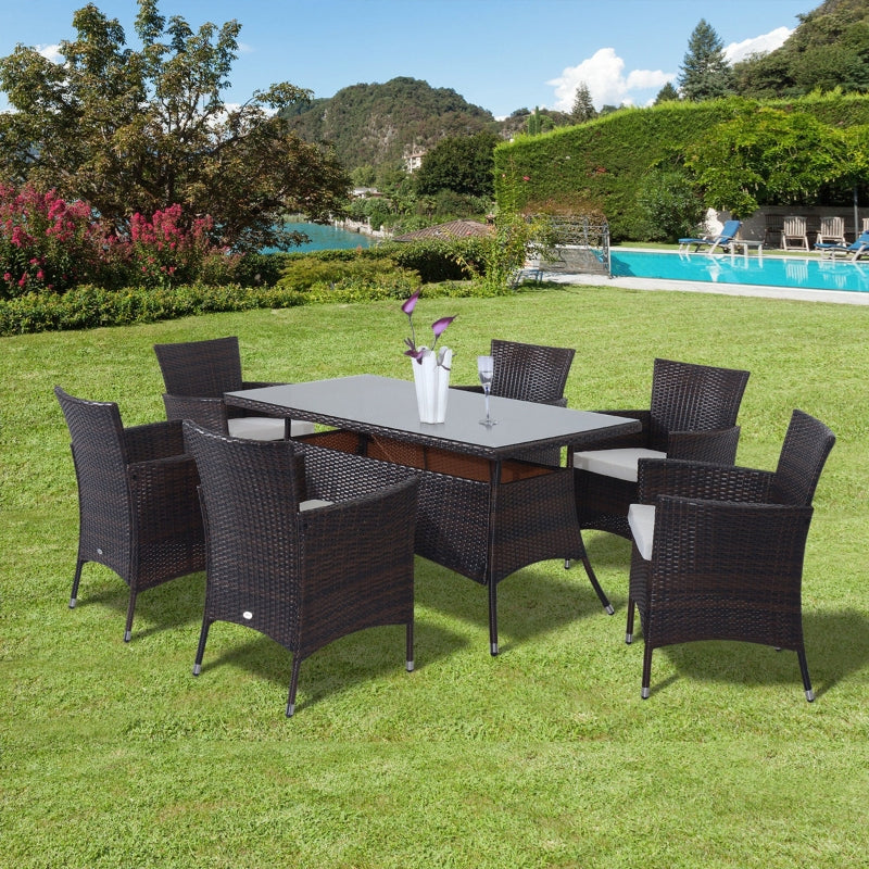 Outsunny 6-Seater Rattan Garden Furniture Dining Set 6-seater Patio Rectangular Table Cube Chairs Outdoor Fire Retardant Sponge Brown