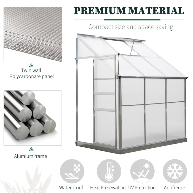 Outsunny Walk-In Greenhouse Lean to  Wall Greenhouse Garden Heavy Duty Aluminium Polycarbonate with Roof Vent for Plants, 6 x 4 ft