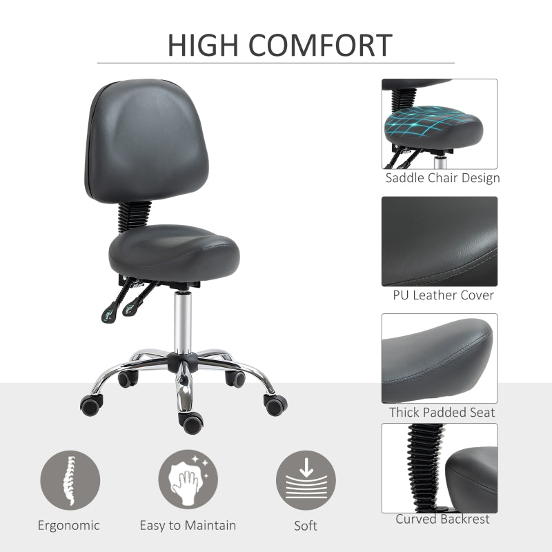 HOMCOM Saddle Stool, PU Leather Adjustable Rolling Salon Chair for Massage, Spa, Clinic, Beauty and Tattoo, Grey