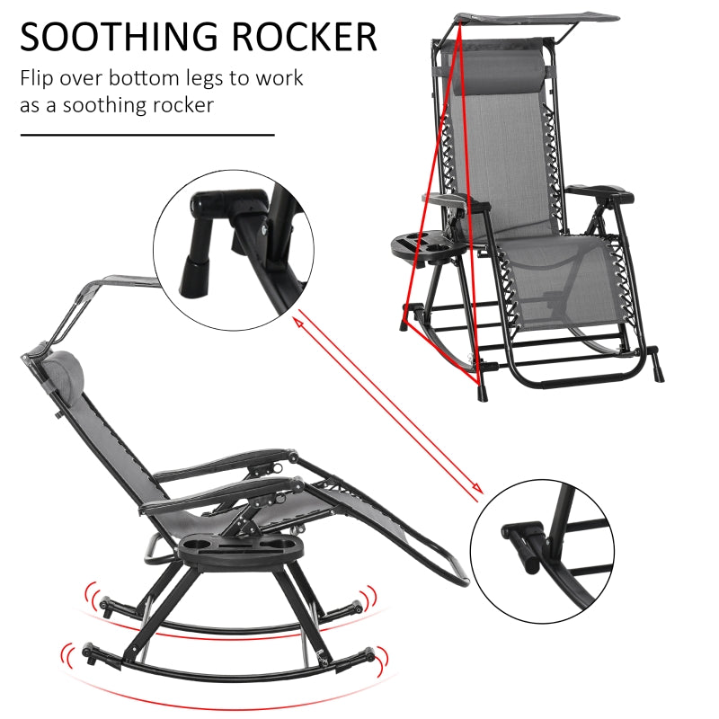 Outsunny Garden Rocking Chair Folding Recliner Outdoor Adjustable Sun Lounger Rocker Zero-Gravity Seat with Headrest Side Holder Patio Deck - Grey