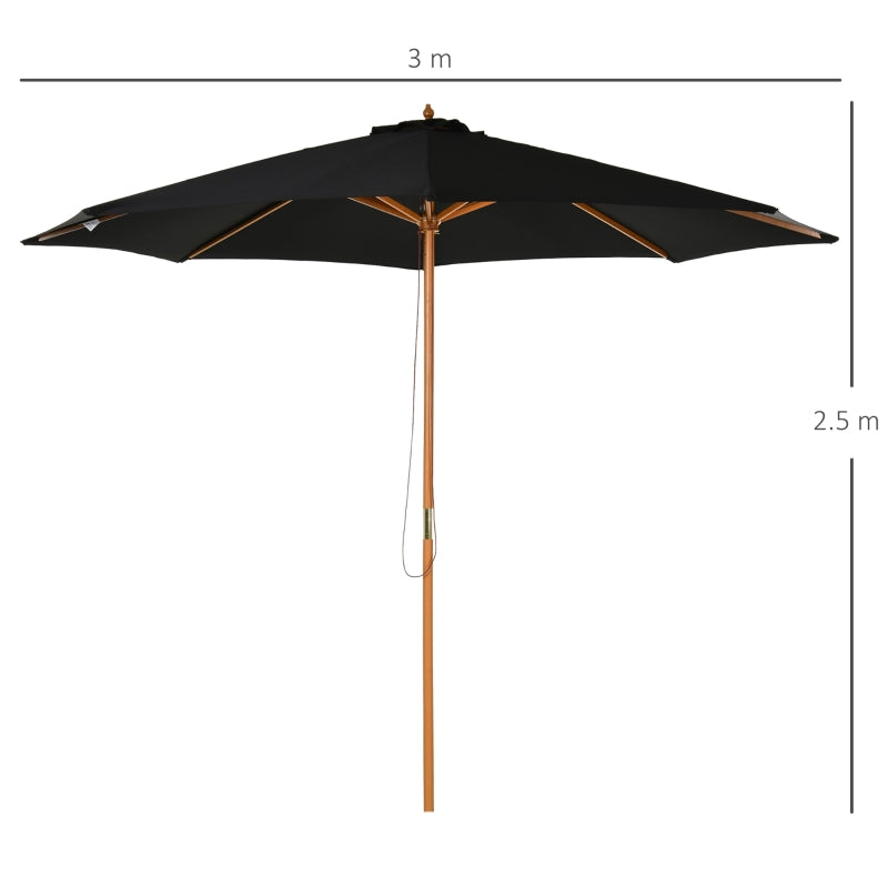 Outsunny ⌀3m Bamboo Wooden Market Patio Umbrella Garden Parasol Outdoor Sunshade Canopy, 8-ribs,Black