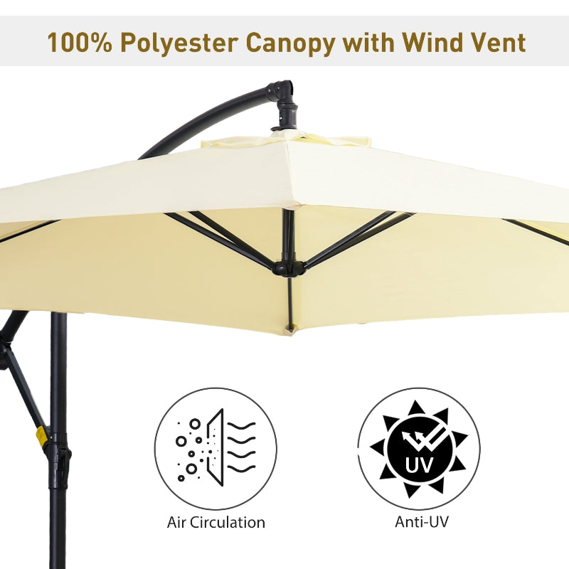 Outsunny 3(m) Garden Banana Parasol Cantilever Umbrella with Crank Handle, Cross Base, Weights and Cover for Outdoor, Hanging Sun Shade, Beige