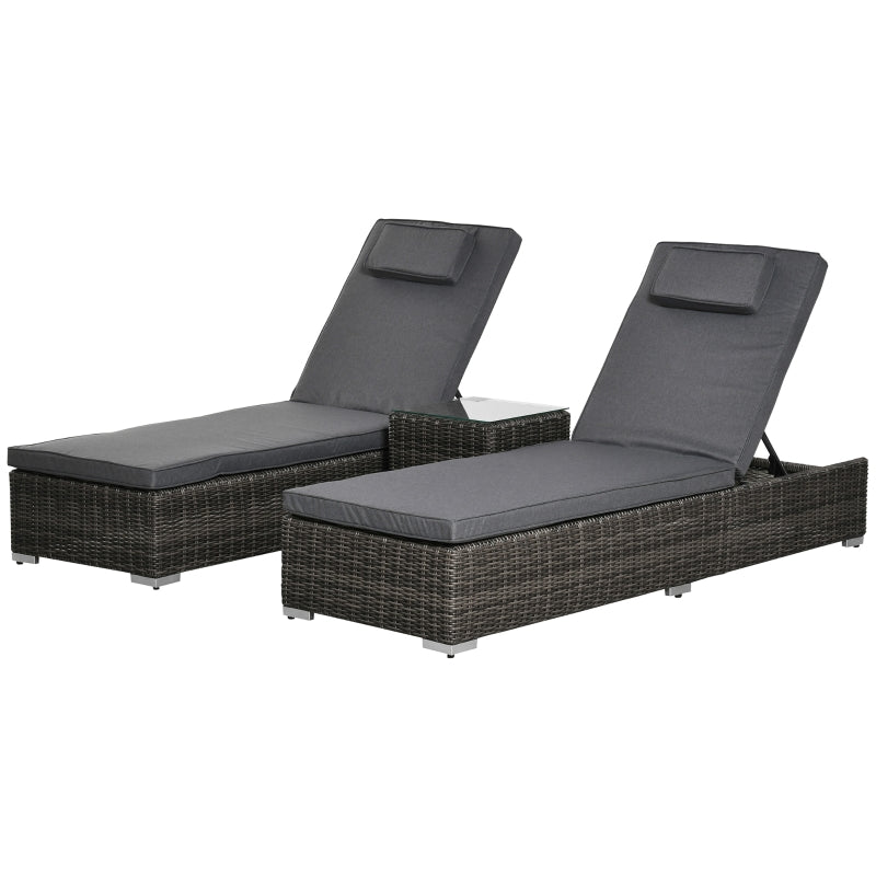 Outsunny 3 Pieces Patio PE Rattan Sun Lounger Set, Adjustable Outdoor Half-Round Wicker Aluminium Recliner Bed w/ Side Table Set, Headrest & Cushions