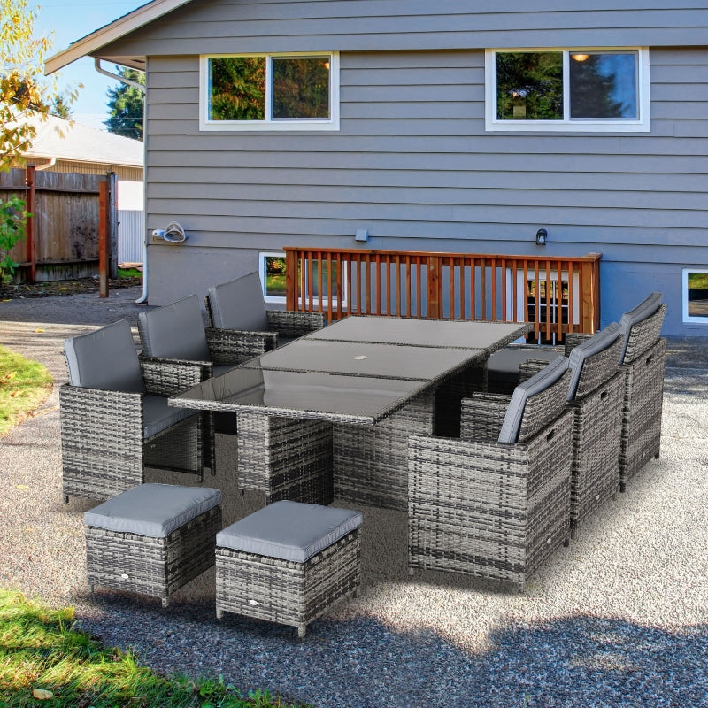 Outsunny Outdoor 11pc Rattan Garden Furniture Patio Dining Set 10-seater Cube Sofa Weave Wicker 6 Chairs 4 Footrests & 1 Table Mixed Grey