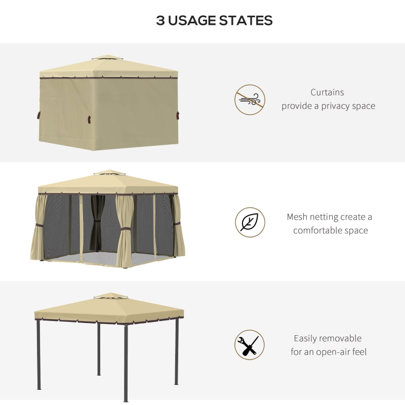 Outsunny 3 x 3(m) Garden Gazebo Pavilion Tent Shelter with 2 Tier Water Repellent Roof, Mosquito Netting and Curtains, Aluminium Frame, Beige