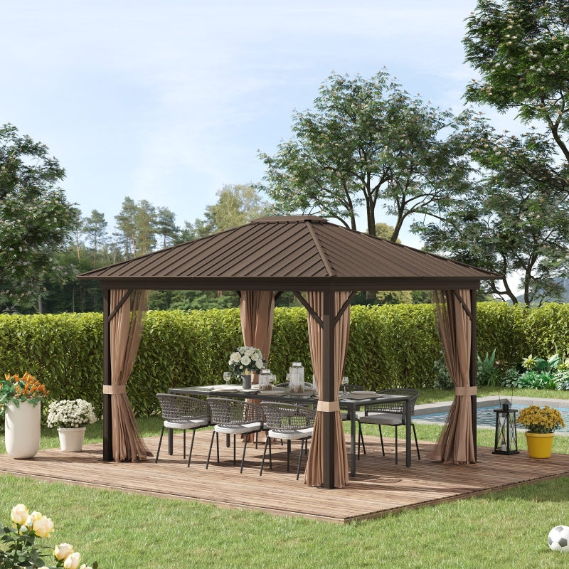 Outsunny 3.6 x 3(m) Outdoor Hardtop Gazebo Metal Roof Patio Gazebo with Aluminum Frame, Mesh Nettings, Curtains, & Roomy Interior Space, Brown