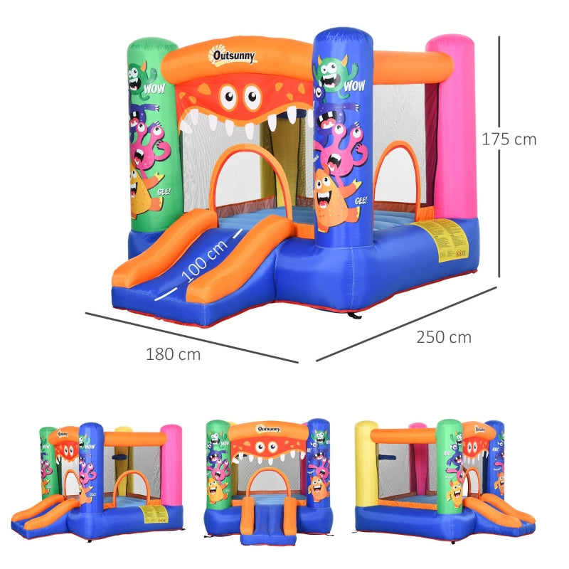 Outsunny Kids Bounce Castle House Inflatable Trampoline Slide Basket with Blower for Kids Age 3-8 Monster Design 2.5 x 1.8 x 1.75m Multi-color