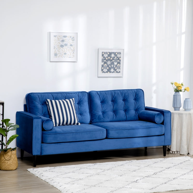 HOMCOM Mid-Century 3-Seater Sofa, 204 cm Sofa Couch with Button-Tufted Back Cushion, Velvet Feel Fabric Upholstery for Living Room, Bedroom Blue