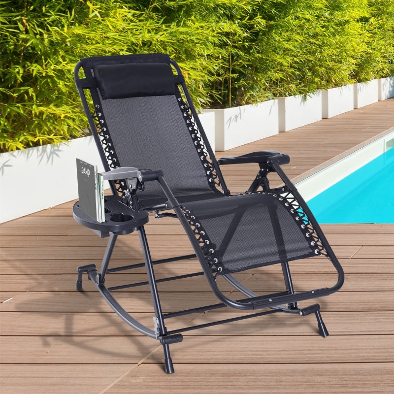 Outsunny Garden Rocking Chair Folding Recliner Outdoor Adjustable Sun Lounger Rocker Zero-Gravity Seat with Headrest Side Holder Patio Deck - Black