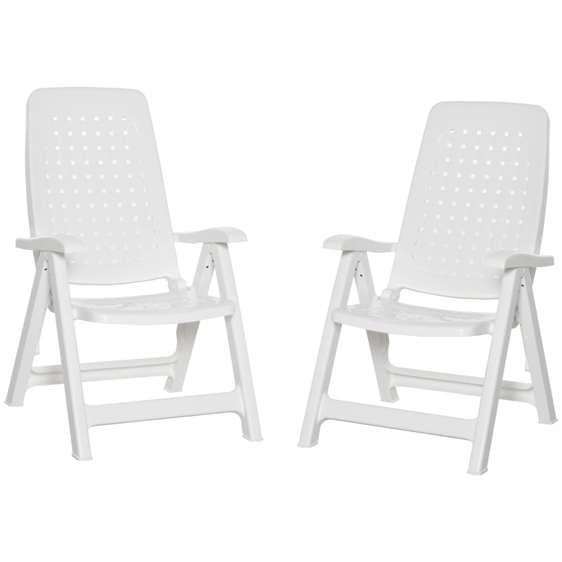 Outsunny Set of 2 Folding Plastic Dining Chairs with 4-Position Backrest, Reclining Armchairs for Indoor & Outdoor Events, Camping, White