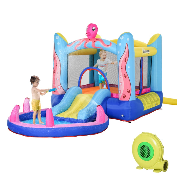 Outsunny Kids Bounce Castle House Inflatable Trampoline Slide Water Pool 3 in 1 with Inflator for Kids Age 3-12 Octopus Design 3.8 x 2 x 1.8m