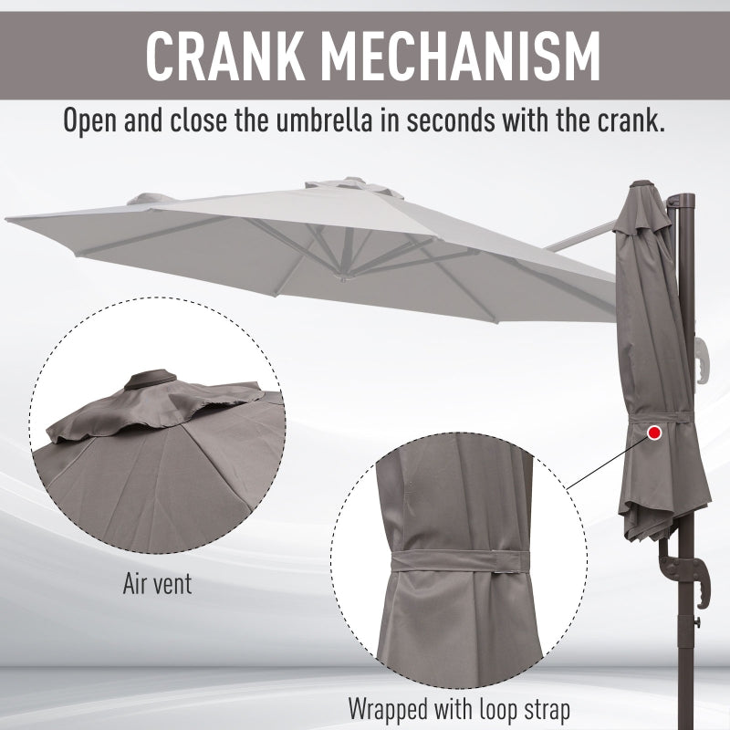 Outsunny 3M Roma Umbrella Sun Shade Cantilever Hanging Parasol w/ Cross Base Hand Crank Aluminium Frame 360°Rotation - Grey