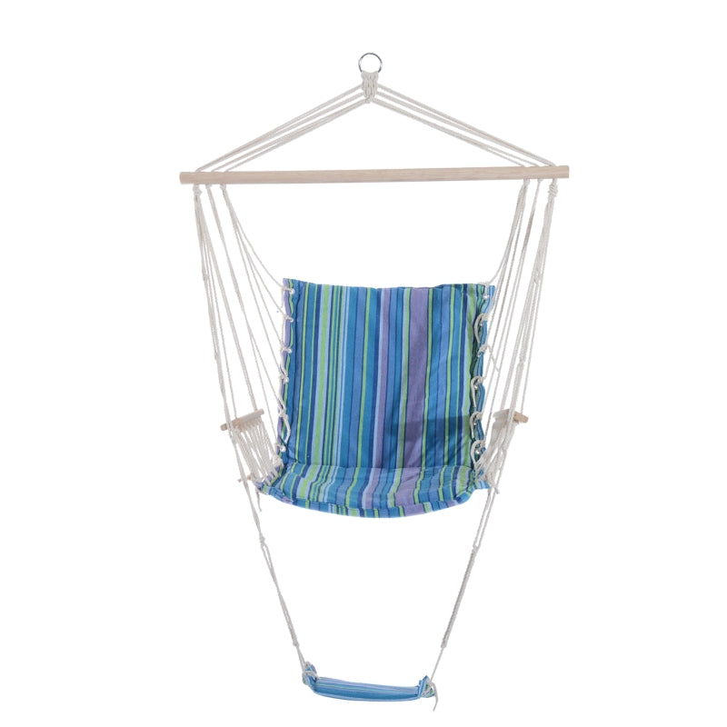 Outsunny Outdoor Hammock Hanging Rope Chair Garden Yard Patio Swing Seat Wooden w/ Footrest Armrest Cotton Cloth (Blue)