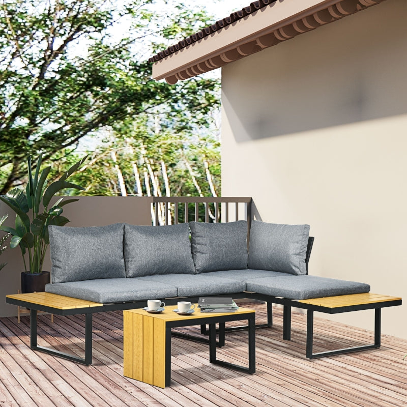 Outsunny 4-Seater Garden Sofa Set Patio Conversation Set w/ Padded Cushions, Wood Grain Plastic Top Table and Side Panel, Dark Grey