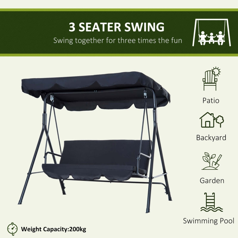 Outsunny 3 Seater Canopy Swing Chair Garden Rocking Bench Heavy Duty Patio Metal Seat w/ Top Roof - Black