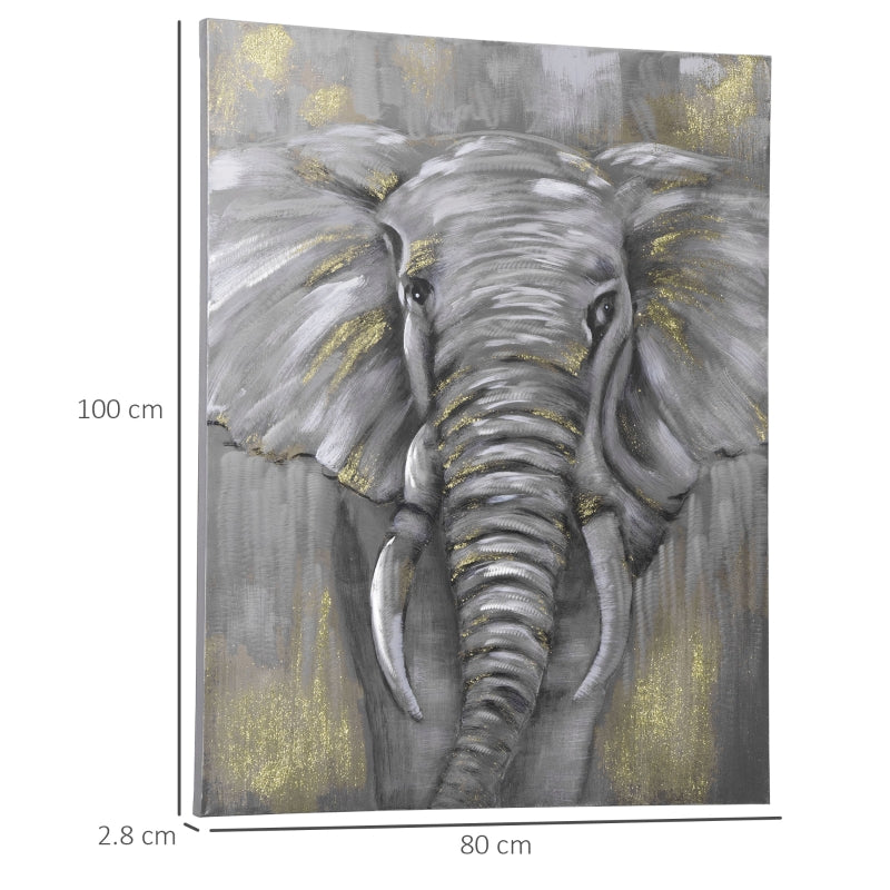 HOMCOM Hand-Painted Metal Canvas Wall Art Grey African Elephant, Wall Pictures for Living Room Bedroom Decor, 100 x 80 cm