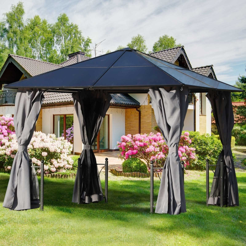 Outsunny 3 x 3(m) Hardtop Gazebo Canopy with Polycarbonate Roof, Steel & Aluminium Frame, Garden Pavilion with Mosquito Netting and Curtains, Black