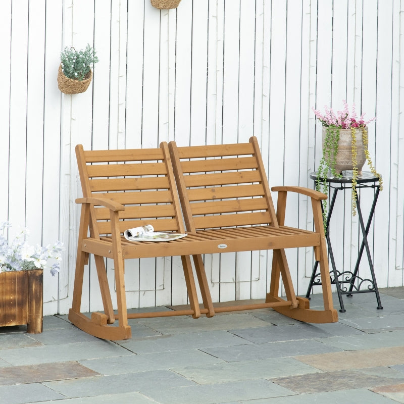 Outsunny Wooden Garden Rocking Bench with Adjustable Backrests, 2-Seater Rustic Rocking Chair Loveseat with Slatted Seat and Armrests