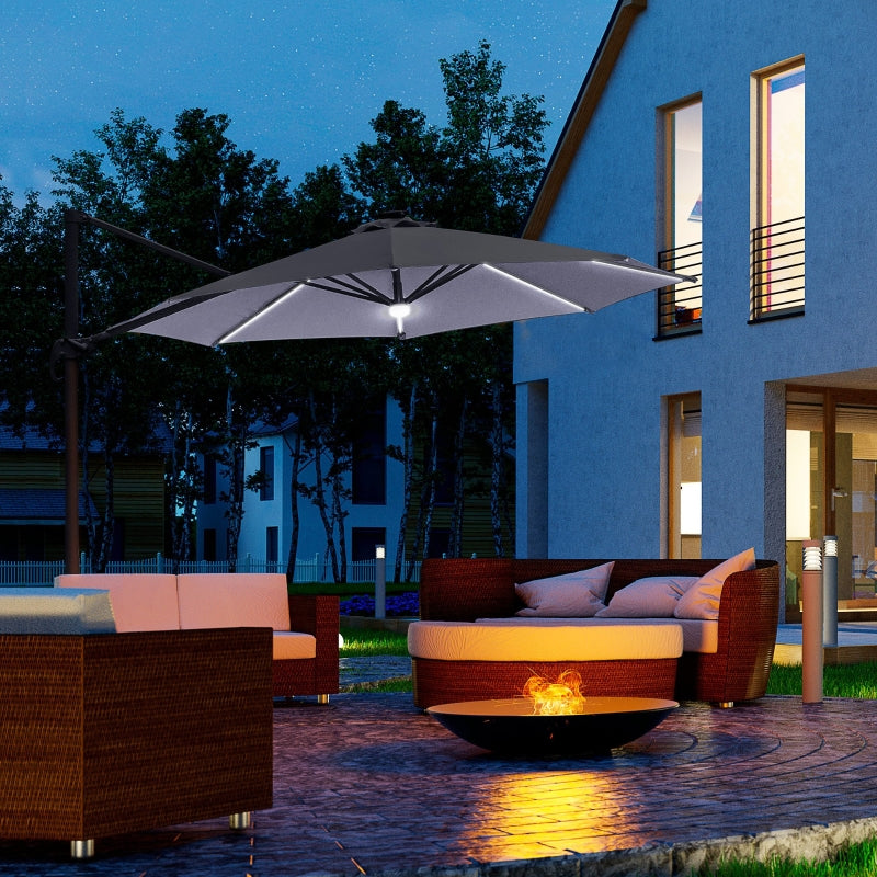 Outsunny 3(m) Cantilever Roma Parasol Garden Sun Umbrella Outdoor Patio with LED Solar Light Cross Base 360° Rotating, Grey