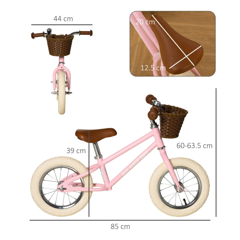 HOMCOM Kids Balance Bikes Toddler No Pedal Training Bicycle for 3-6 Year Old Boys Girls with Adjustable Handlebars Basket Bell, Pink