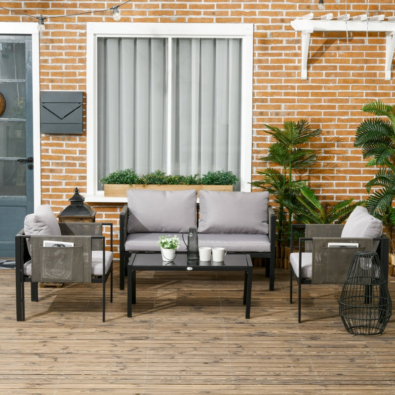 Outsunny 4 Piece Metal Garden Furniture Set with Tempered Glass Coffee Table, Patio Set Loveseat, Single Armchairs with Padded Cushions, Light Grey