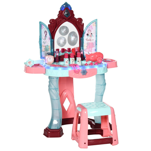 HOMCOM 31 PCS Kids Dressing Table Set with Magic Princess Mirror, Musical Pretend Toy W/ Beauty Kit Mirror Light & Music, for 3-6 Years Old Blue+Pink