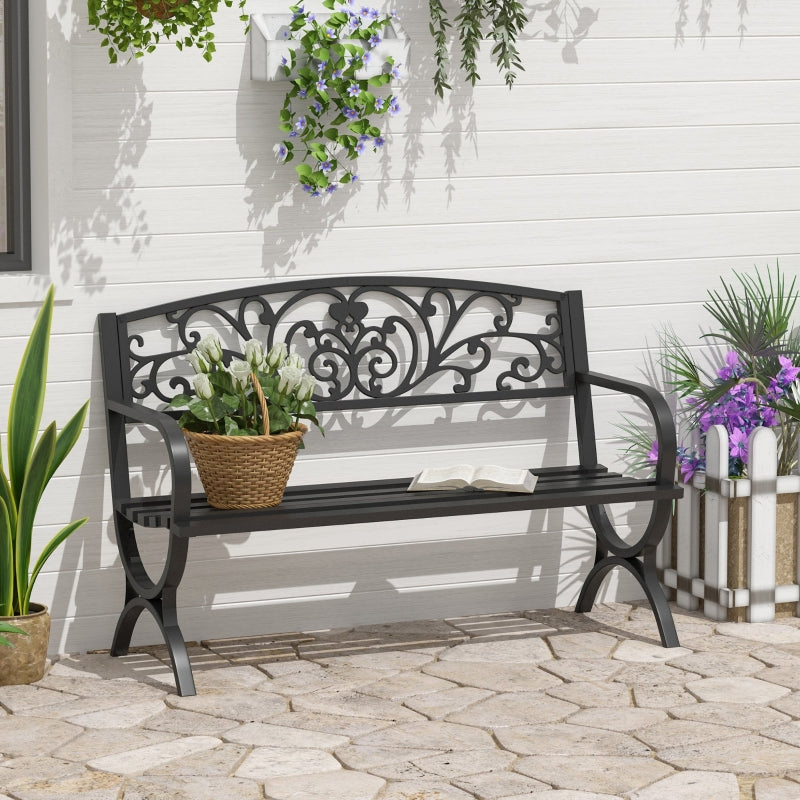 Outsunny 2 Seater Metal Garden Bench Garden Park Porch Chair Outdoor Patio Loveseat Seat Black