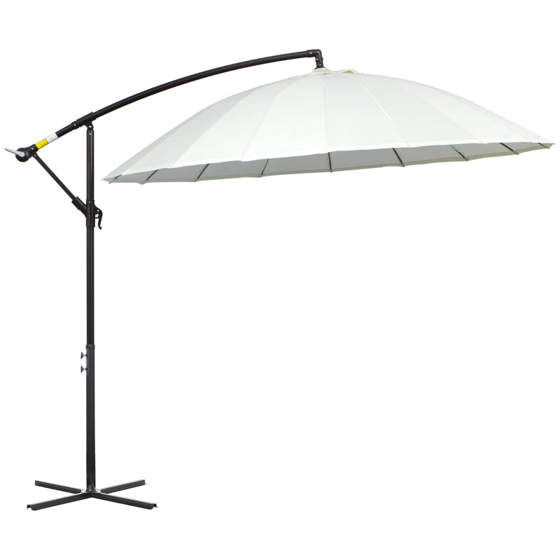 Outsunny 3(m) Cantilever Shanghai Parasol Garden Hanging Banana Sun Umbrella with Crank Handle, 18 Sturdy Ribs and Cross Base, Off-White