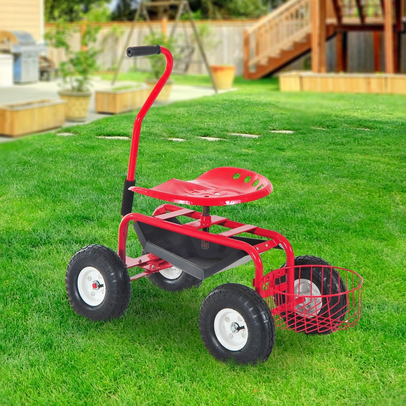 Outsunny Adjustable Rolling Garden Cart Outdoor Garden Planting Station Trolley Swivel Gardener Work Seat Heavy Duty w/ Tool Tray & Basket Red 150kg