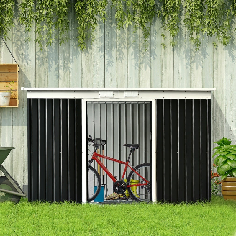 Outsunny 9 x 4 ft Metal Garden Storage Shed Patio Corrugated Steel Roofed Tool Box with Base, Kit Ventilation and Doors, Dark Grey