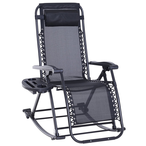 Outsunny Garden Rocking Chair Folding Recliner Outdoor Adjustable Sun Lounger Rocker Zero-Gravity Seat with Headrest Side Holder Patio Deck - Black