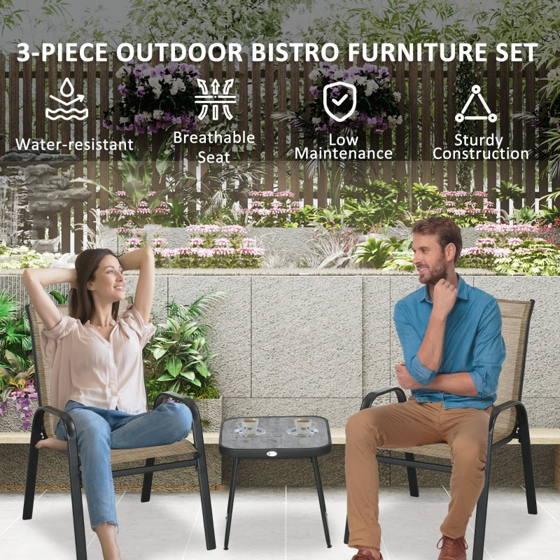 Outsunny 3 Pieces Outdoot Bistro Set, Patio Stackable Armchairs with Breathable Mesh Fabric and PSC Board Coffee Table, Brown