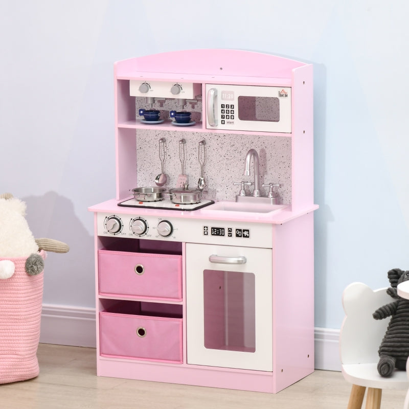 HOMCOM Wooden Play Kitchen with Lights and Sound, Kids Kitchen Playset with Coffee Maker Microwave Sink Utensils Storage Bins, Pretend Role Play Pink