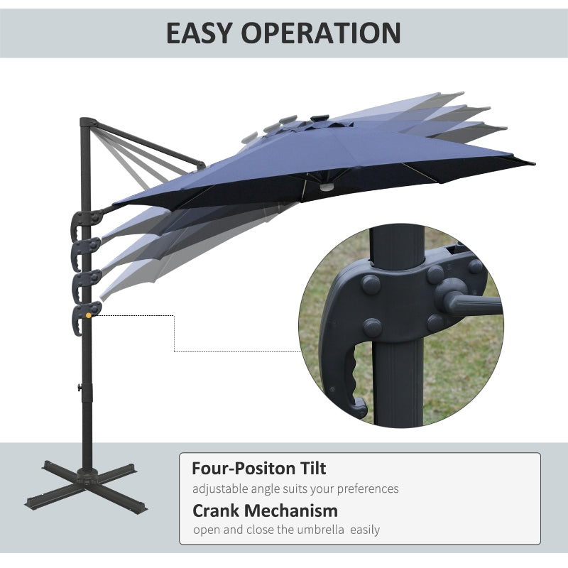 Outsunny 3(m) Cantilever Roma Parasol Garden Sun Umbrella Outdoor Patio with LED Solar Light Cross Base 360° Rotating, Blue