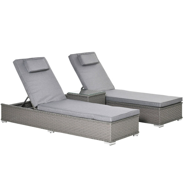 Outsunny 3 Piece Rattan Sun Lounger Set, Garden Furniture with Side Table, 5-Position Adjustable Recline Chair, Grey