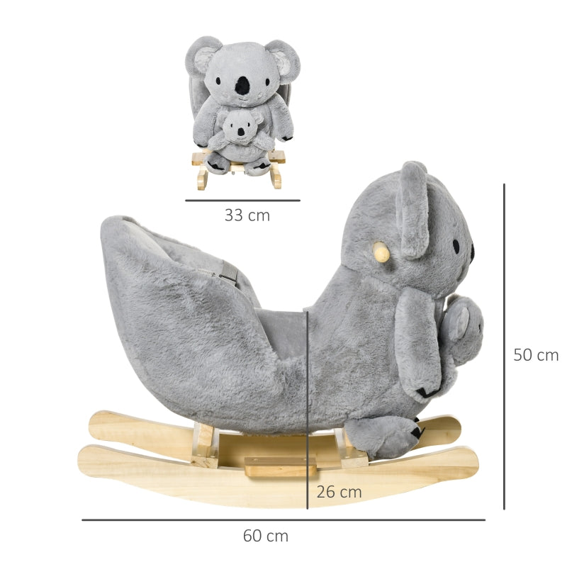 HOMCOM Kids Plush Ride-On Rocking Horse Koala-shaped Plush Toy Rocker with Gloved Doll Realistic Sounds for Child 18-36 Months Grey