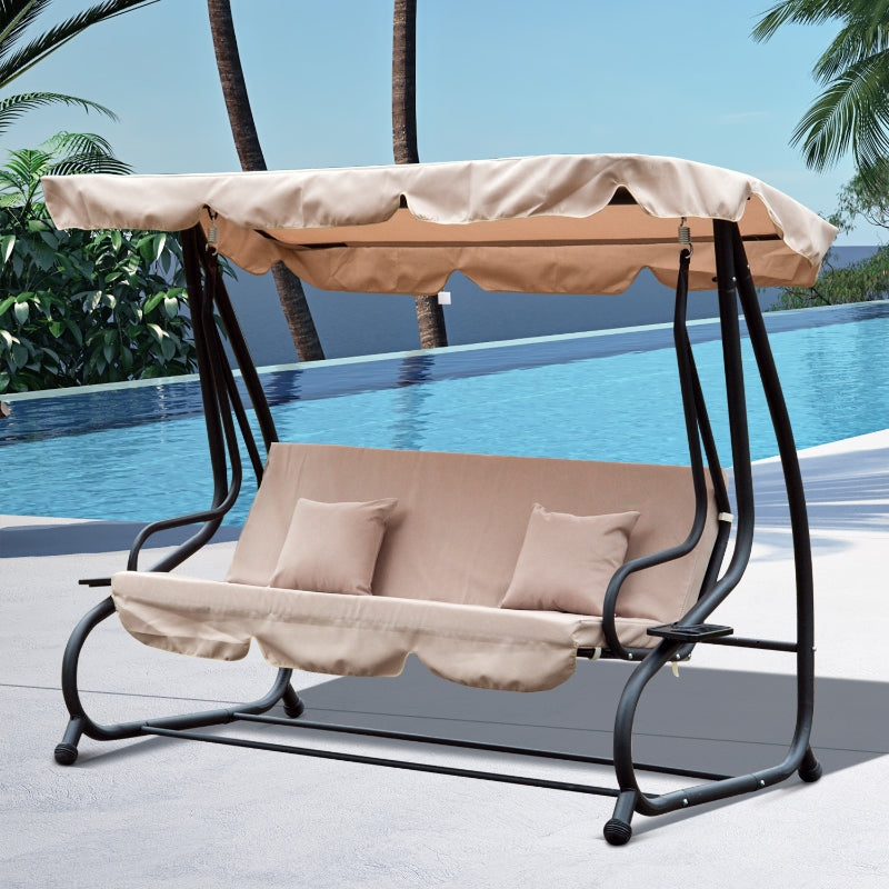 Outsunny 3 Seater Garden Swing Seat Bed Swing Chair 2-in-1 Hammock Bed Patio Garden Chair with Adjustable Canopy and Cushions, Light Brown