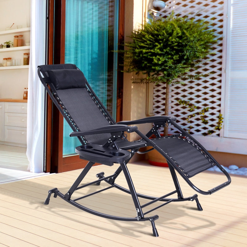 Outsunny Garden Rocking Chair Folding Recliner Outdoor Adjustable Sun Lounger Rocker Zero-Gravity Seat with Headrest Side Holder Patio Deck - Black