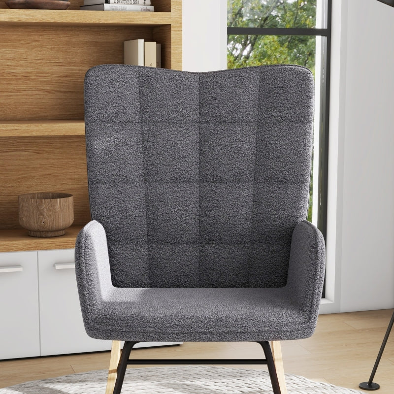 HOMCOM Wingback Rocking Chair for Nursing, Berber Fleece Nursery Glider Rocker, Modern Armchair for Living Room, Dark Grey