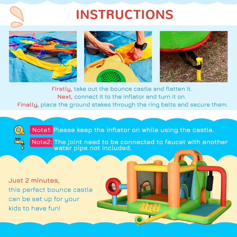 Outsunny 7 in 1 Kids Bouncy Castle Water Slide Bounce House Includes Slide, Trampoline, Pool, Water Gun, Ball-target, Boxing Post Tunnel w/Air Blower