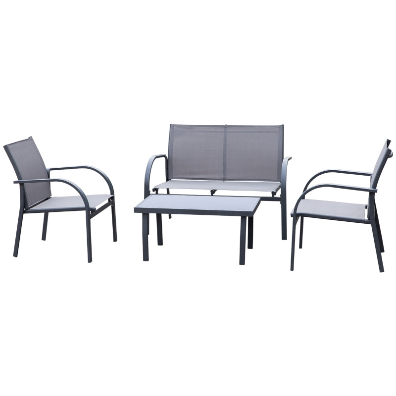 Outsunny 4 pcs Curved Steel Patio Furniture Set w/ Loveseat, Texteline Seats, Glass Top Table For Party Event, Grey