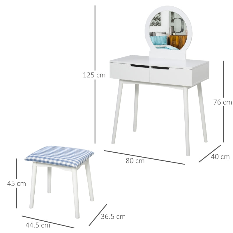 HOMCOM Dressing Table & Stool Set w/ Drawers Mirror Modern Elegant Vanity Makeup Padded Seat Home Bedroom Beauty Furniture White