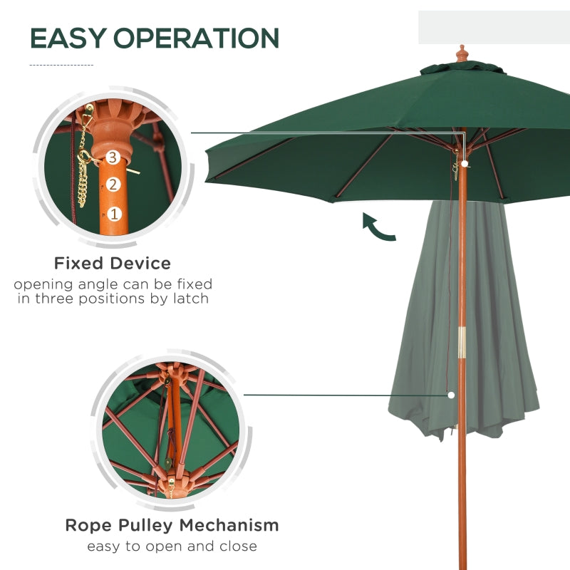 Outsunny 2.5m Wood Garden Parasol Sun Shade Patio Outdoor Market Umbrella Canopy with Top Vent, Dark Green