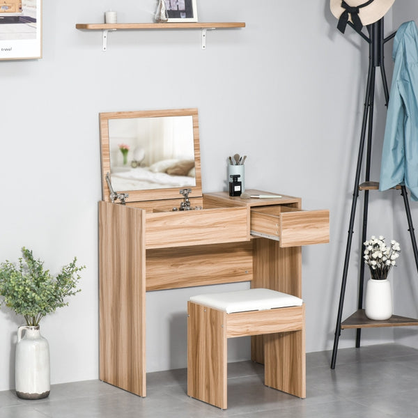 HOMCOM Chipboard Dressing Table Set Cushioned Stool Flip-up Mirror Drawer Wood Grain Colour